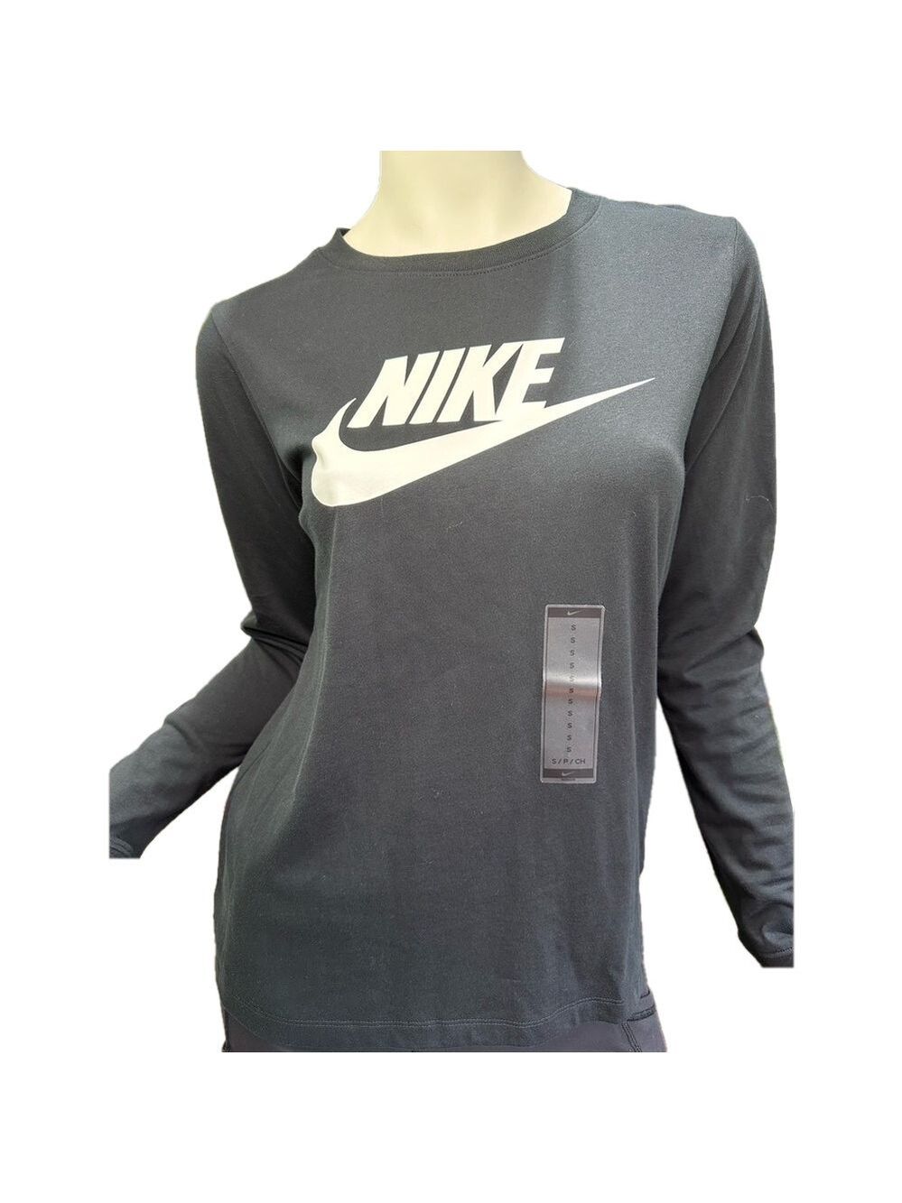 NIKE BLACK LONG SLEEVE LOGO TEE SHIRT WHITE SWOOSH ATHLEISURE SIZE SMALL NWT - Picture 2 of 5